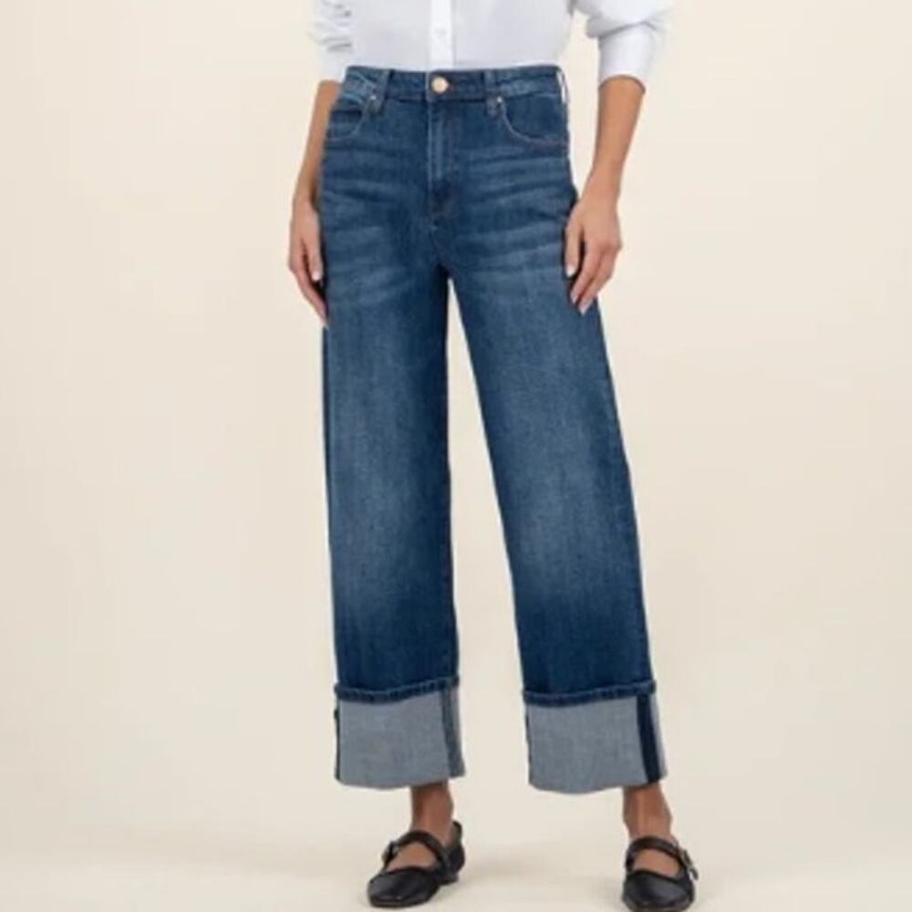 Kut from the Kloth Sienna Wide Leg Jeans Blue High Waist Cuffed Women's 12P